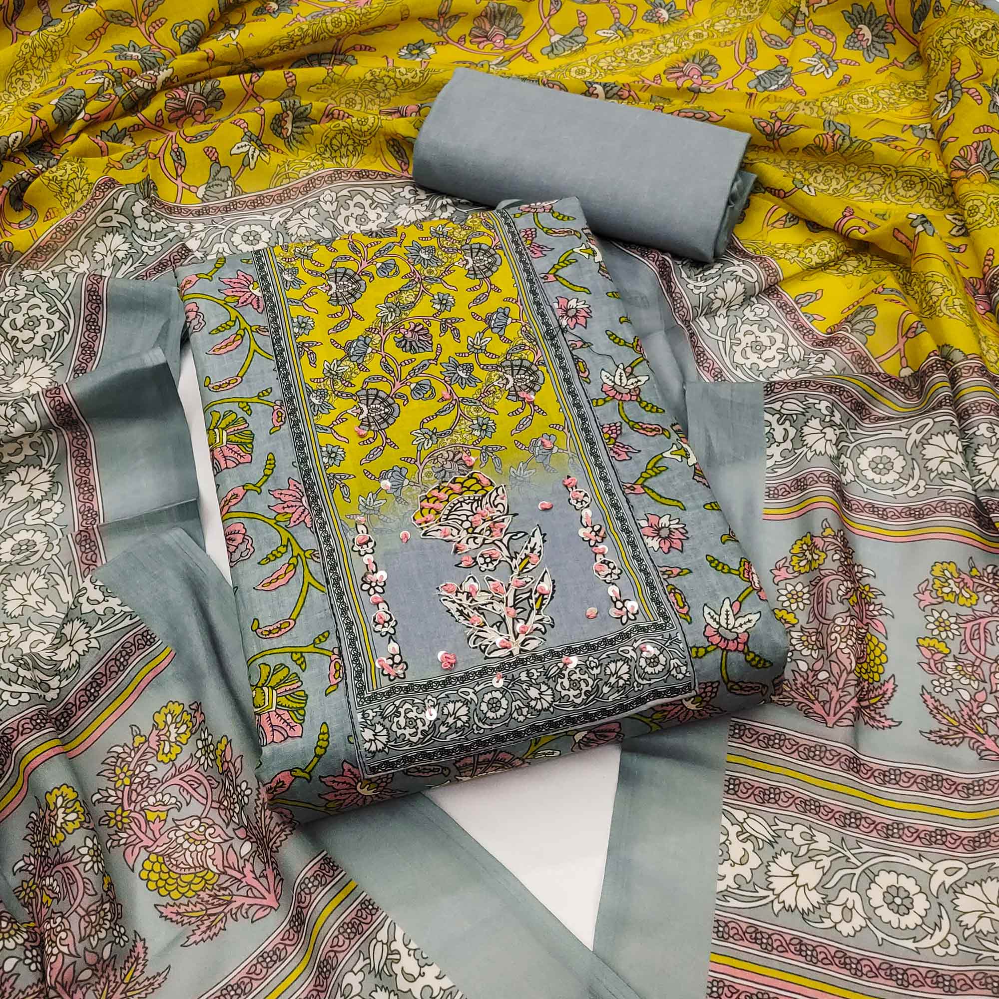 Grey Floral Printed Pure Cotton Dress Material With Elegant Sequins Embroidery