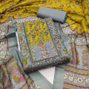 Grey Floral Printed Pure Cotton Dress Material With Elegant Sequins Embroidery