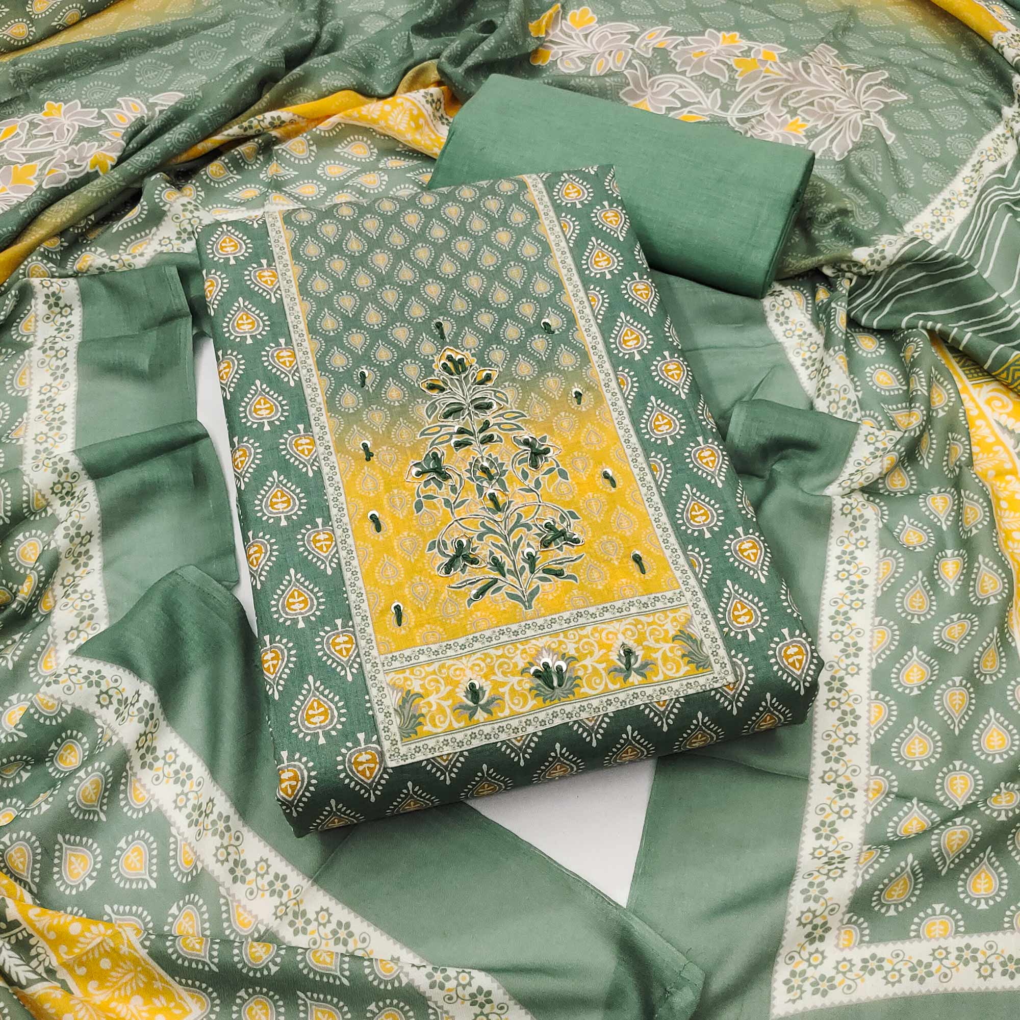 Green Pure Cotton Dress Material Accented With Sparkling Sequin Embroidery Work