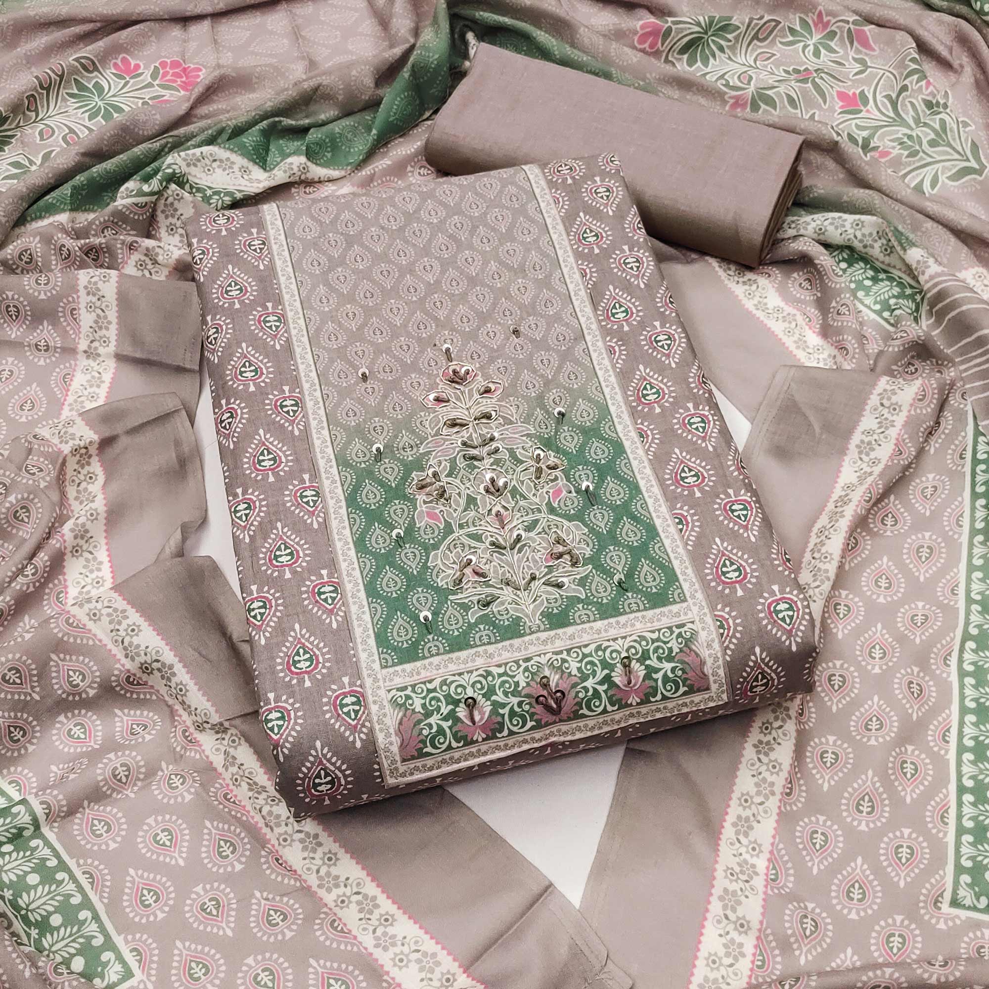 Taupe Pure Cotton Dress Material Accented With Sparkling Sequin Embroidery Work