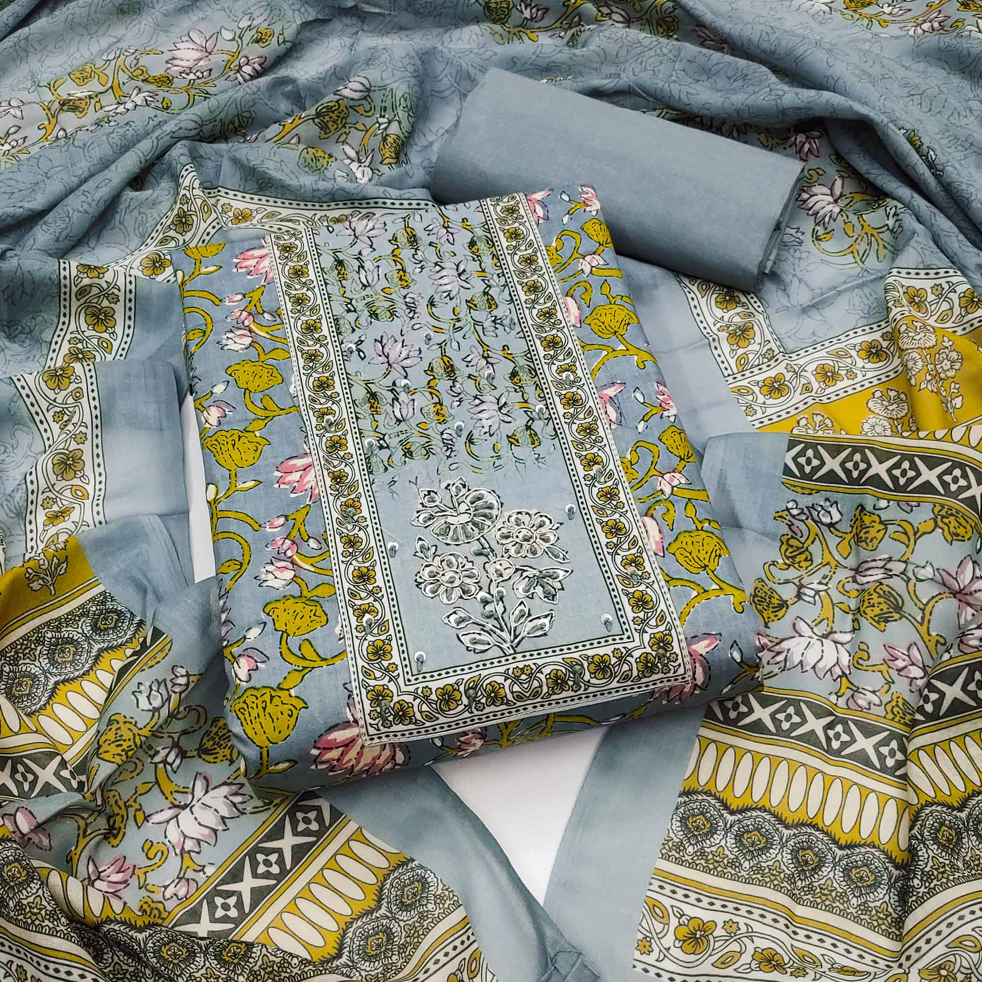 Grey Pure Cotton Dress Material Adorned with Artistic Floral Patterns