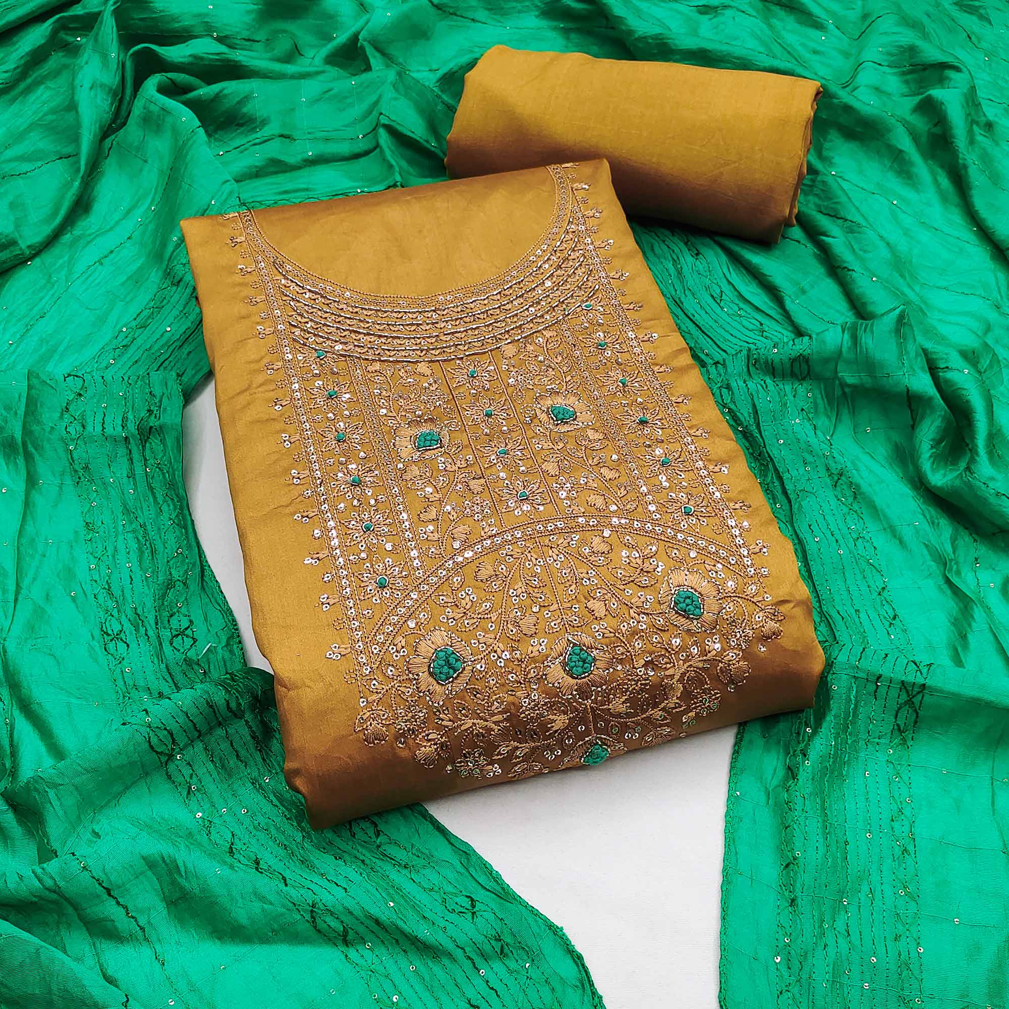 Mustard Sequins Embroidered Cotton Silk Dress Material