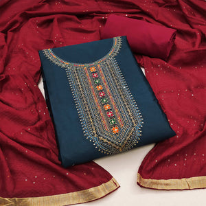 Blue Embroidered Cotton Silk Dress Material