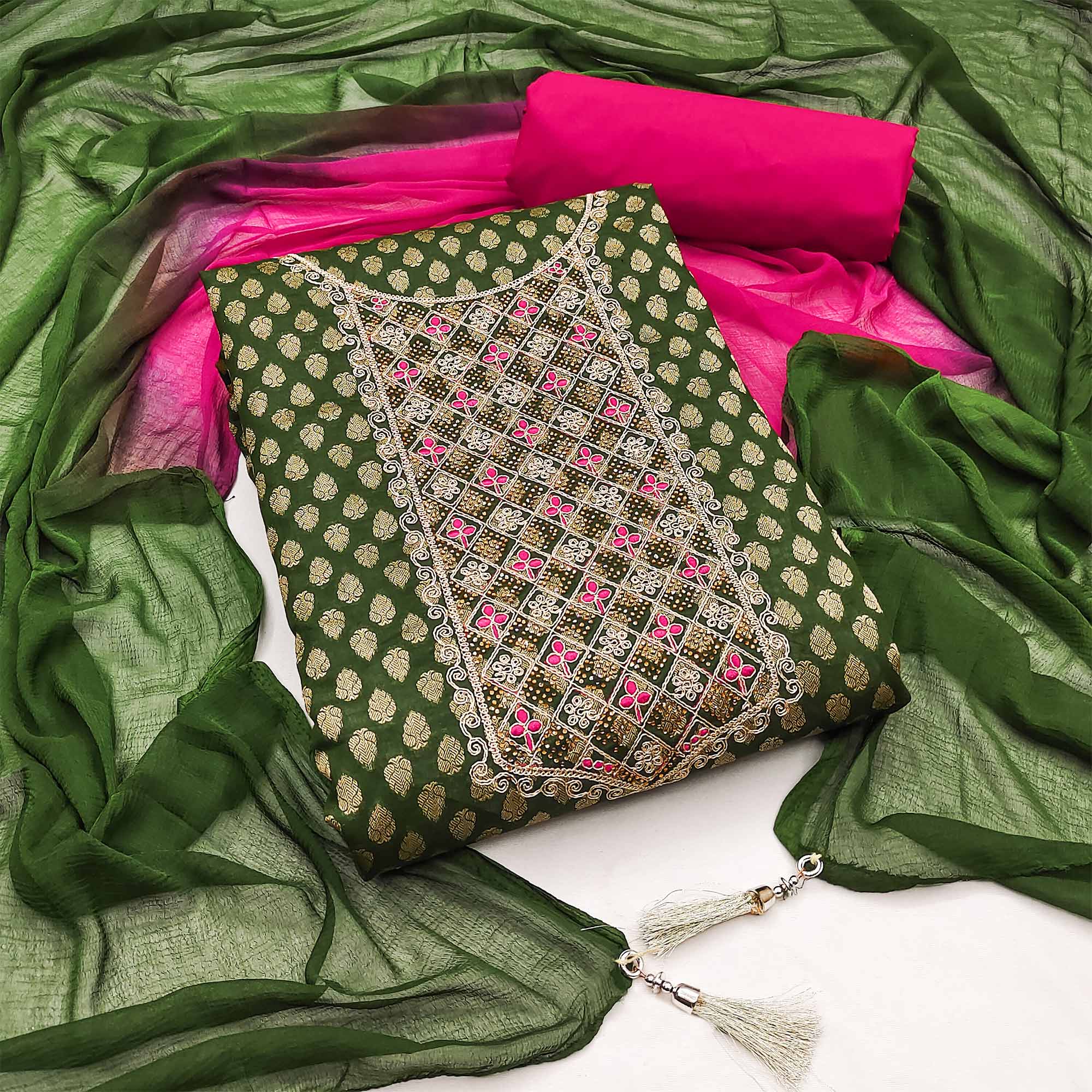 Mehandi Green Butti Design Woven Jacquard Dress Material