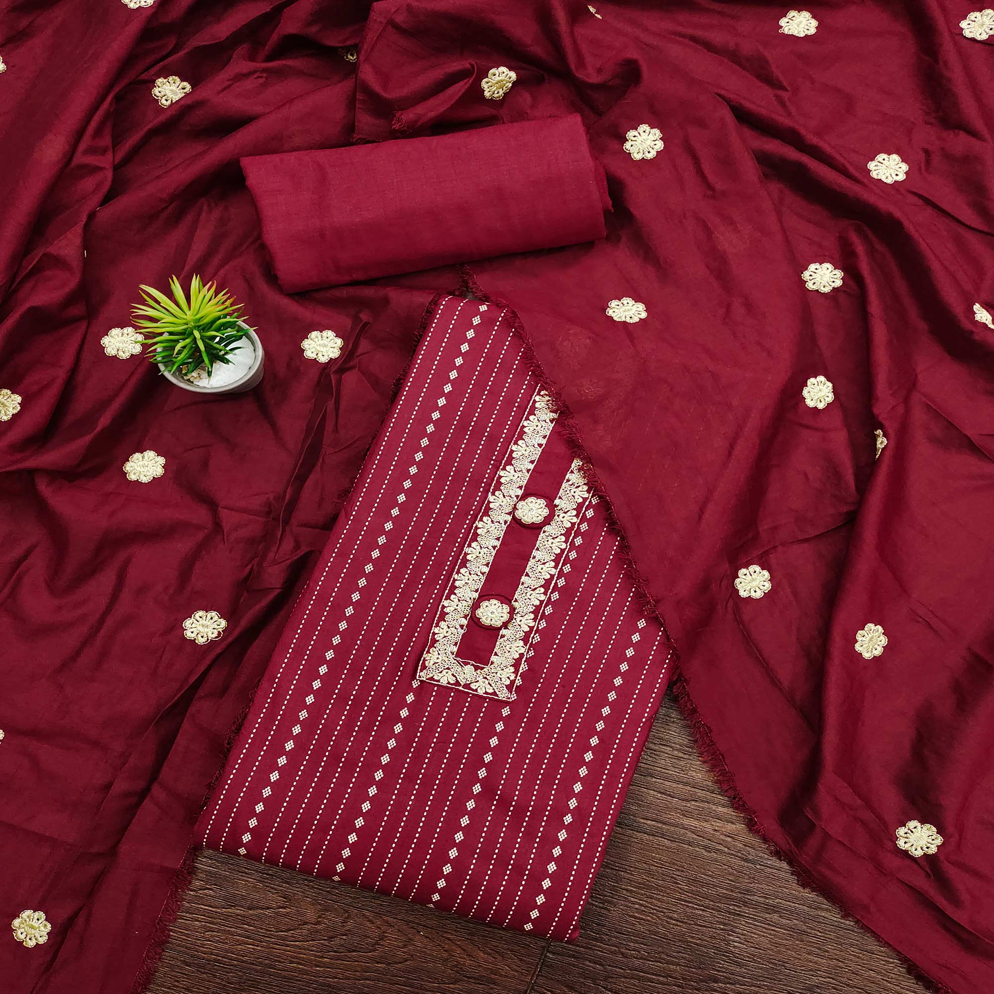 Maroon Printed Pure Cotton Dress Material