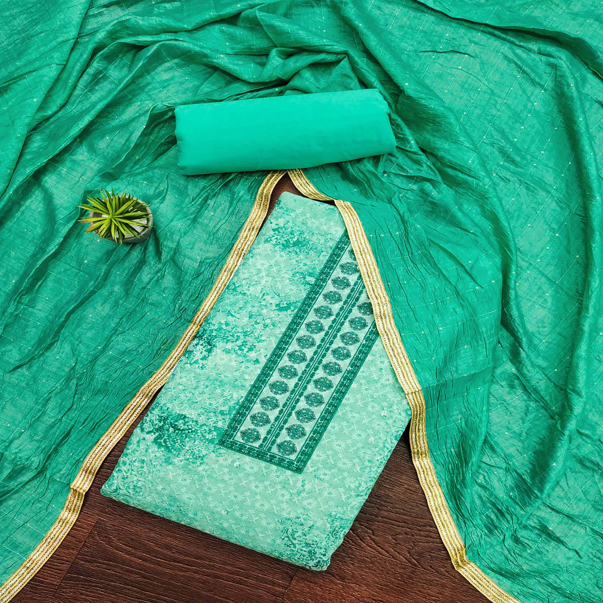 Turquoise Chikankari With Printed Pure Cotton Dress Material