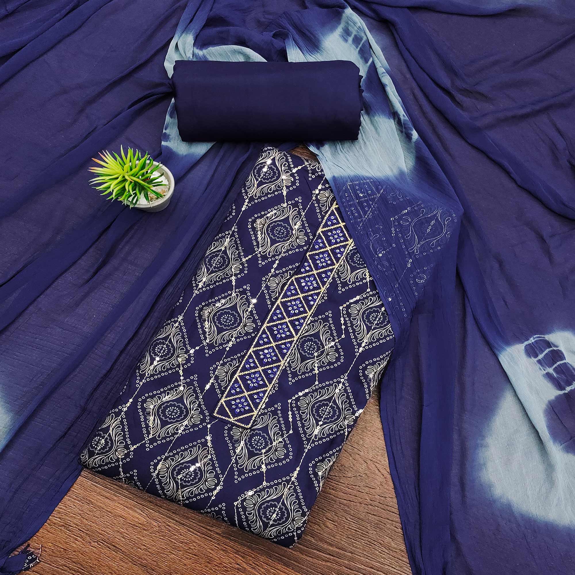 Blue Printed With Sequins Work Pure Cotton Dress Material