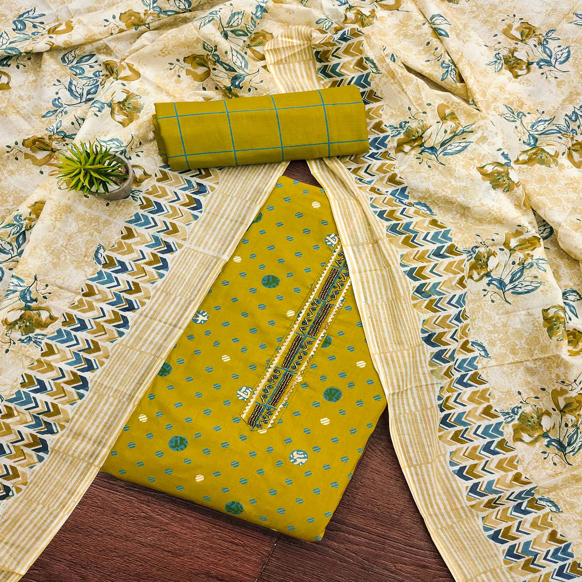 Lemon Green Printed Pure Cotton Dress Material