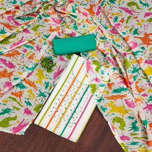 White & Green Printed With Motiwork Pure Cotton Dress Material