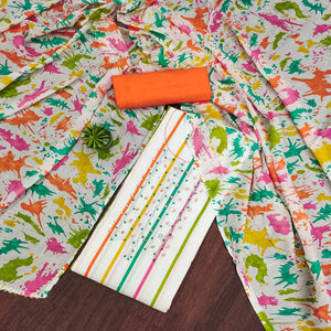 White & Orange Printed With Motiwork Pure Cotton Dress Material