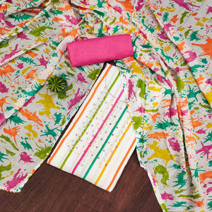 White & Pink Printed With Motiwork Pure Cotton Dress Material