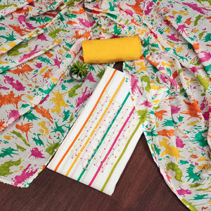 White & Yellow Printed With Motiwork Pure Cotton Dress Material