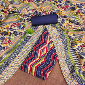 Navy Blue Printed With Sequins Work Pure Cotton Dress Material