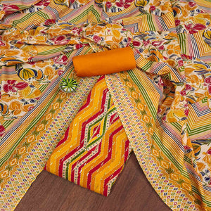 Yellow Printed With Sequins Work Pure Cotton Dress Material