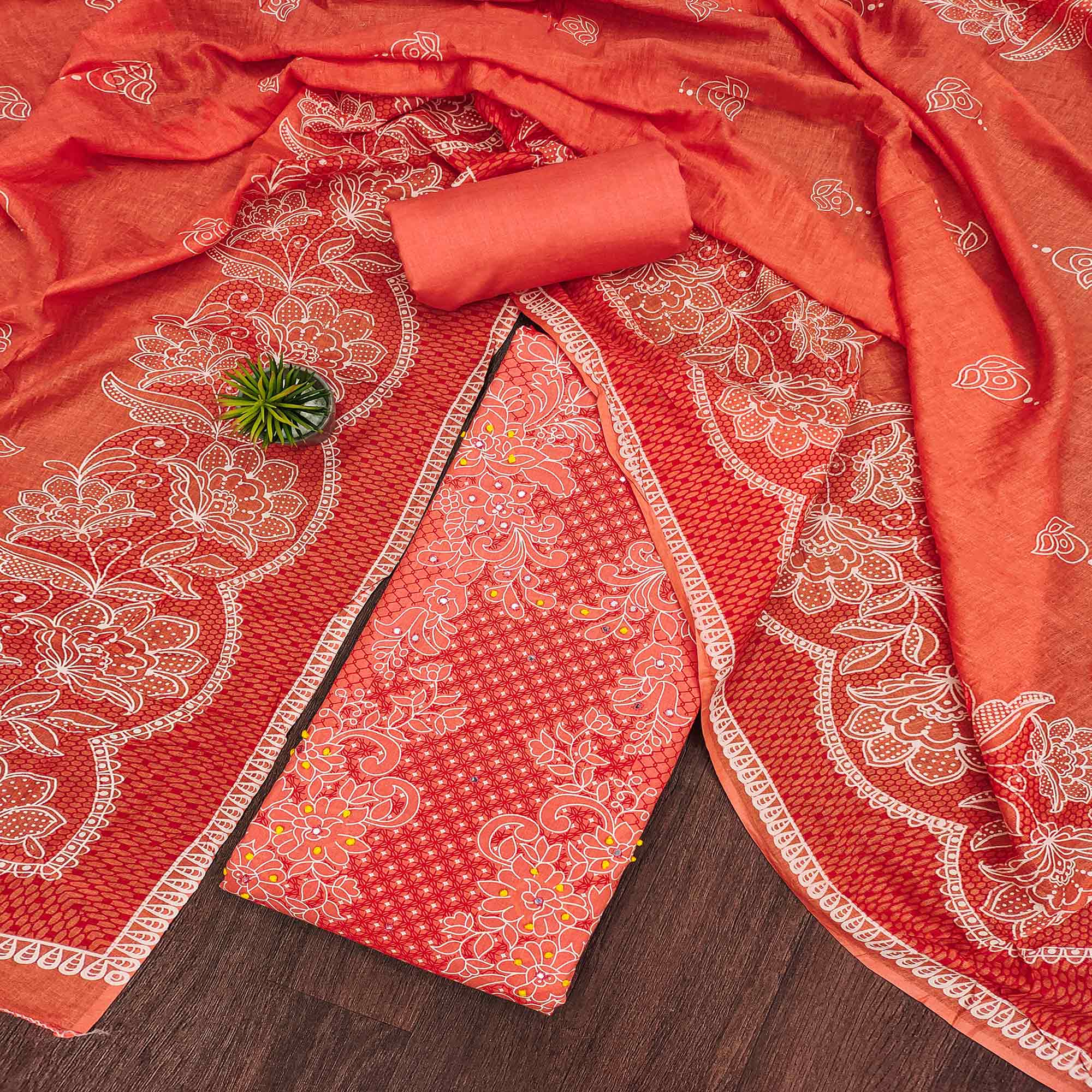 Peach Floral Printed Pure Cotton Dress Material