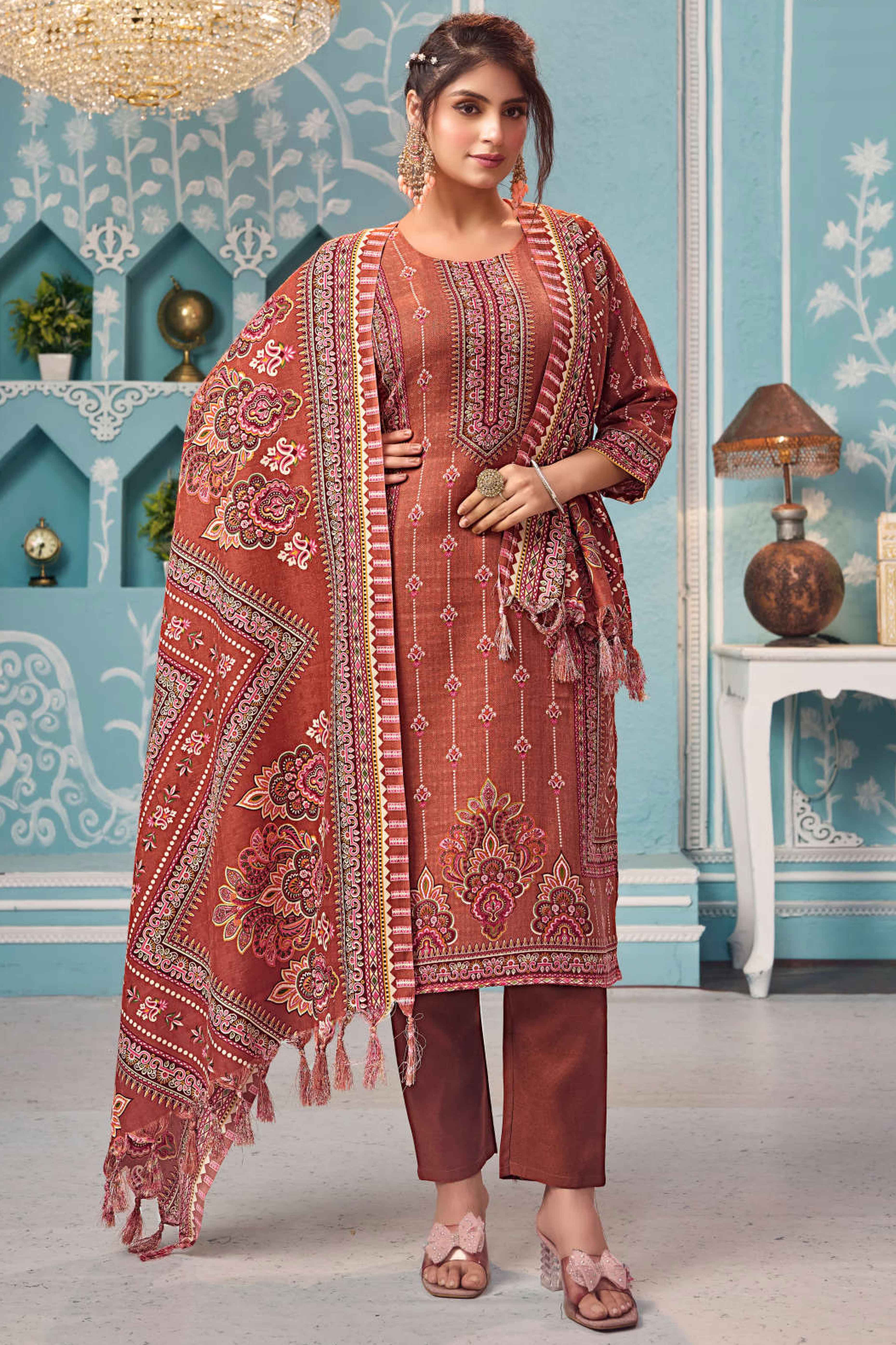 Rust Floral Print Pashmina Fabric Set Designed for Warm and Stylish Ethnic Wear
