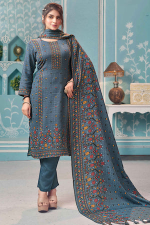 Blue Floral Print Pashmina Fabric Set Designed for Warm and Stylish Ethnic Wear