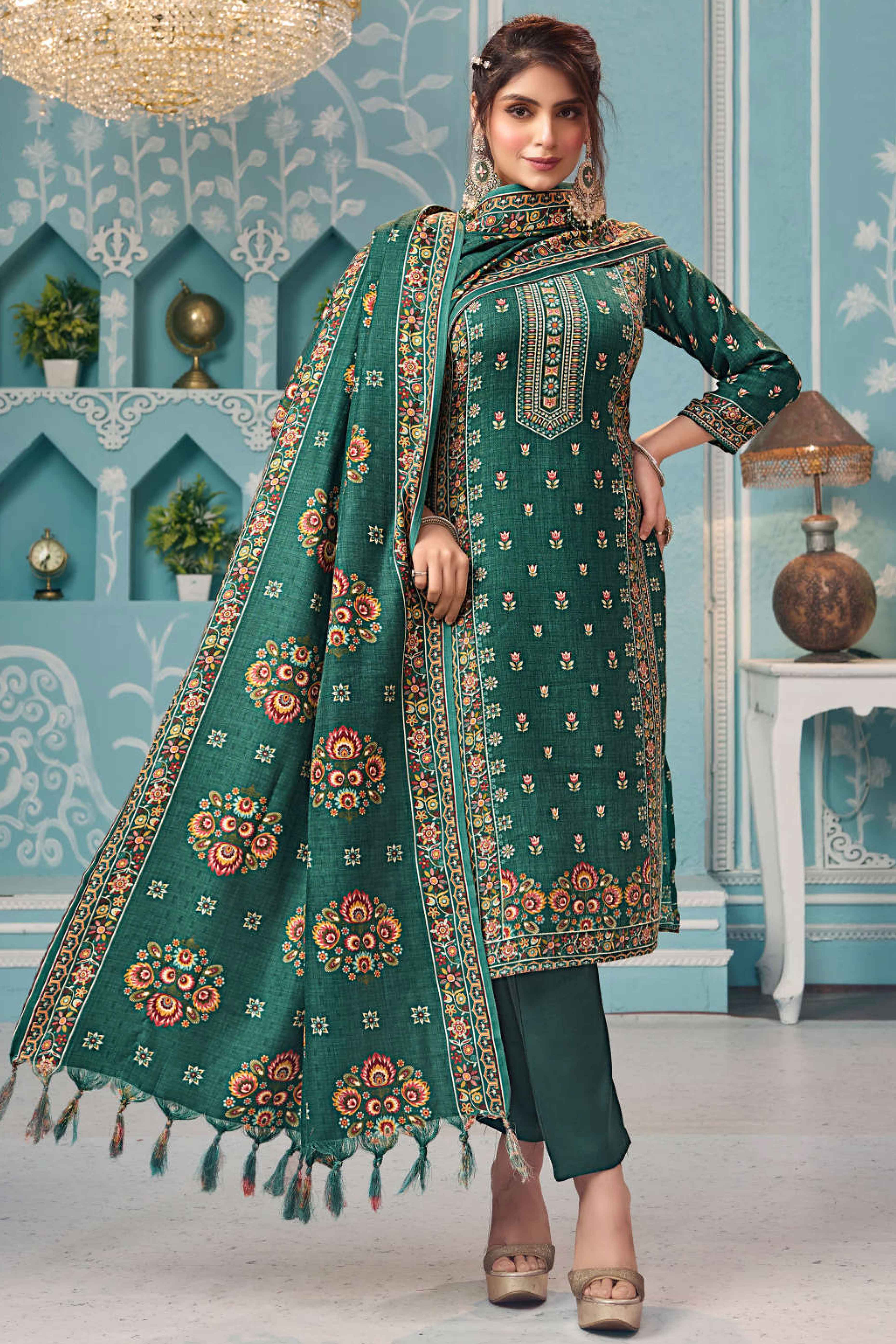 Green Floral Print Pashmina Fabric Set Designed for Warm and Stylish Ethnic Wear