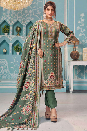 Sage Green Floral Print Pashmina Fabric Set Designed for Warm and Stylish Ethnic Wear