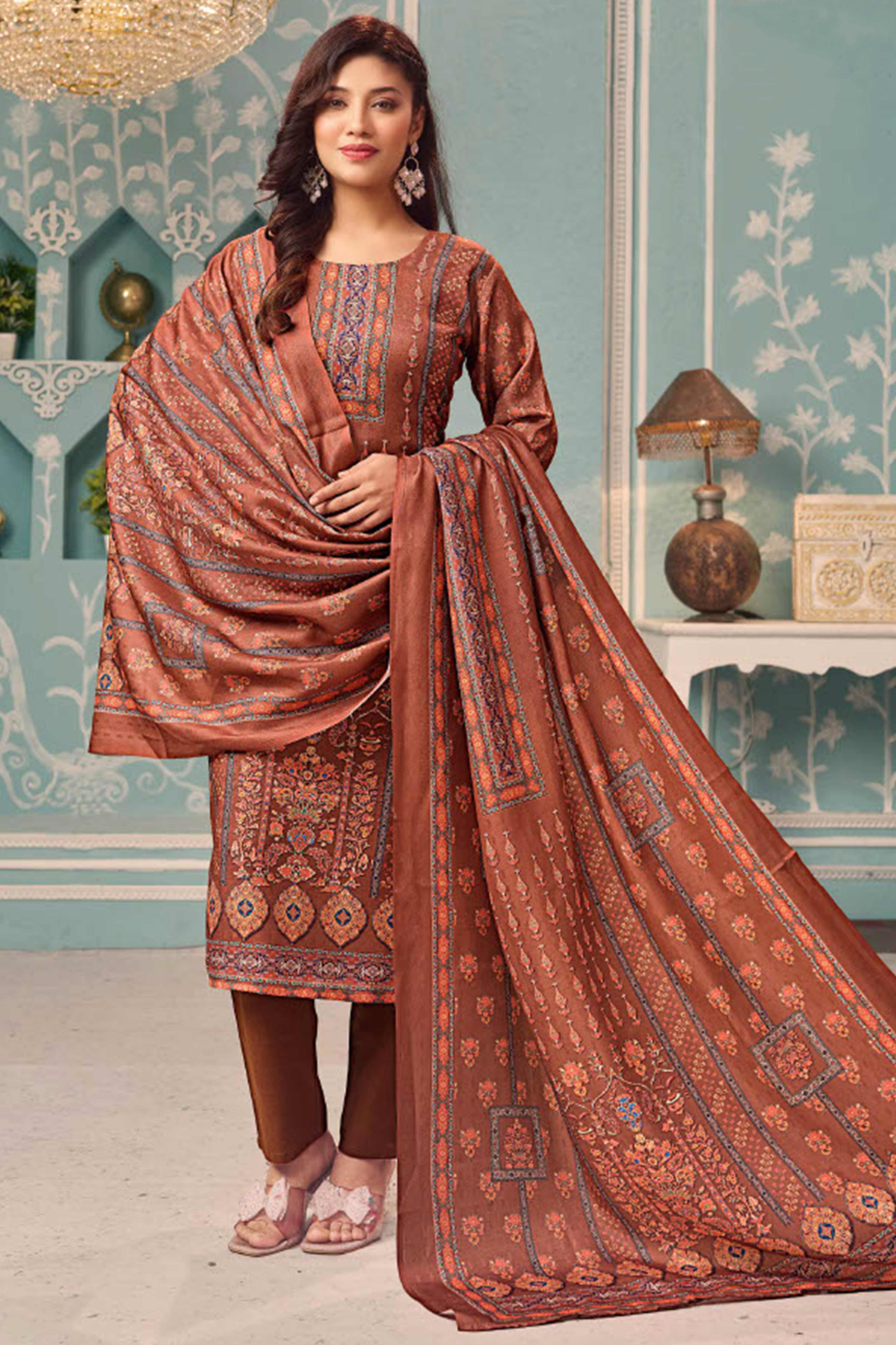 Rust Stylish Floral Printed Pashmina Dress Material for Graceful Winter Outfits