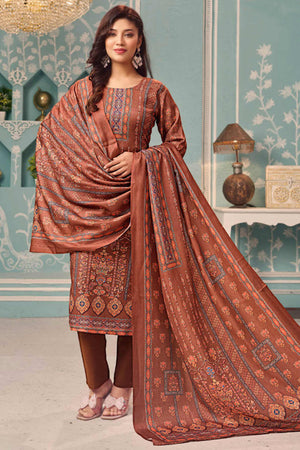 Rust Stylish Floral Printed Pashmina Dress Material for Graceful Winter Outfits