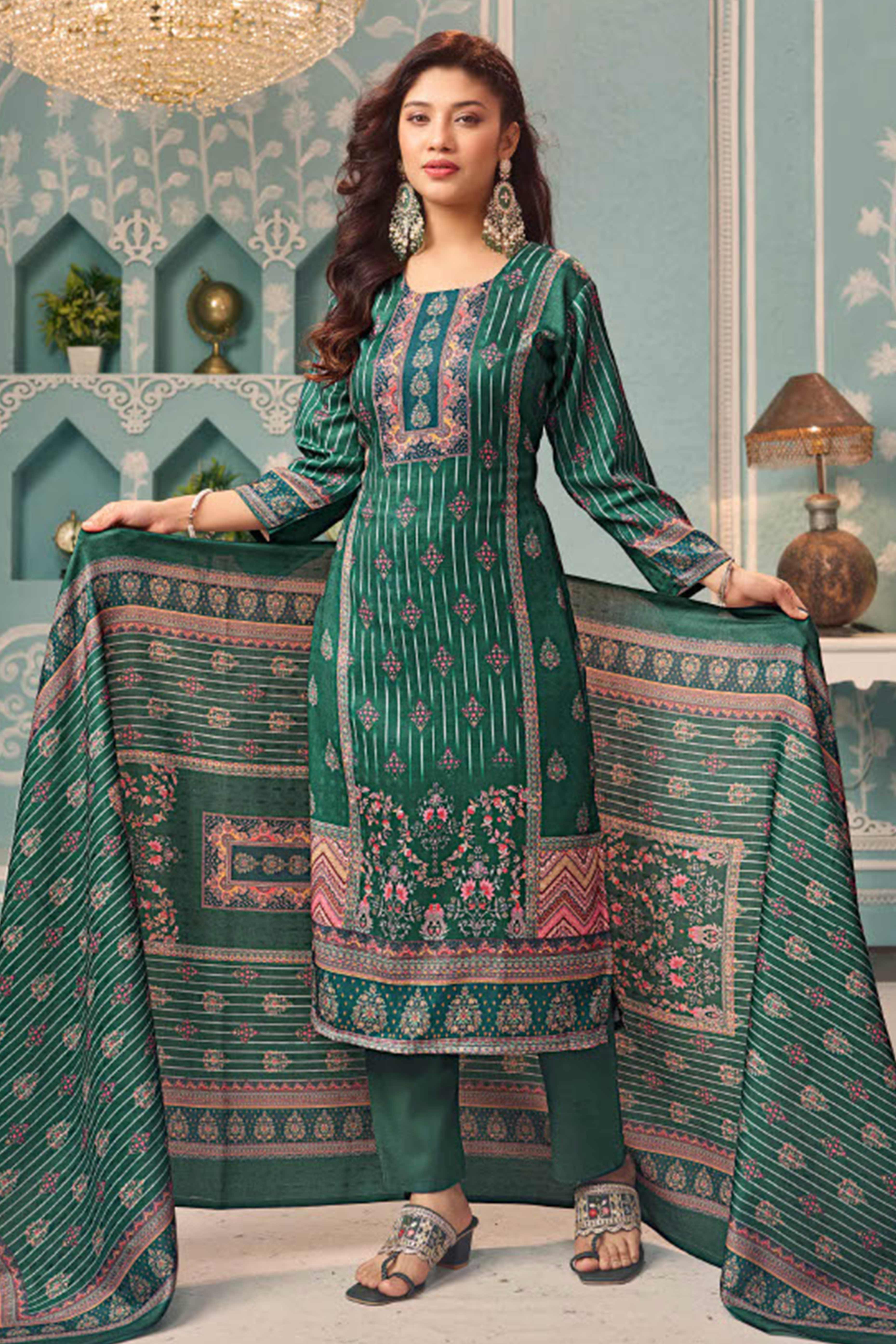 Green Stylish Floral Printed Pashmina Dress Material for Graceful Winter Outfits