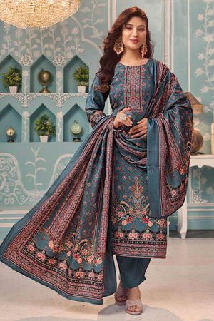 Teal Stylish Floral Printed Pashmina Dress Material for Graceful Winter Outfits