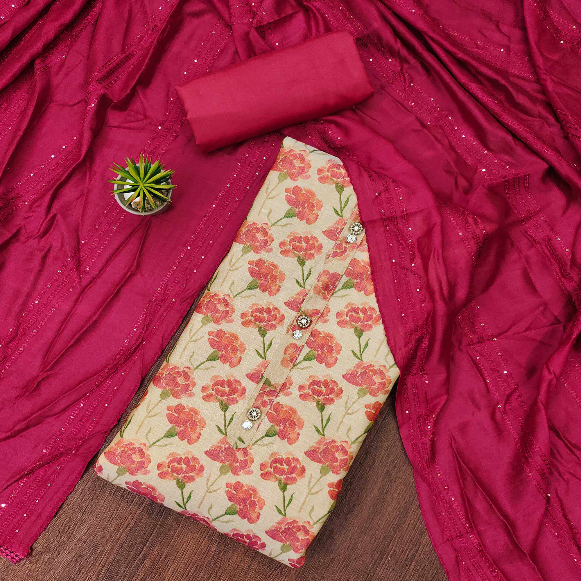 Beige Floral Printed Cotton Silk Dress Material