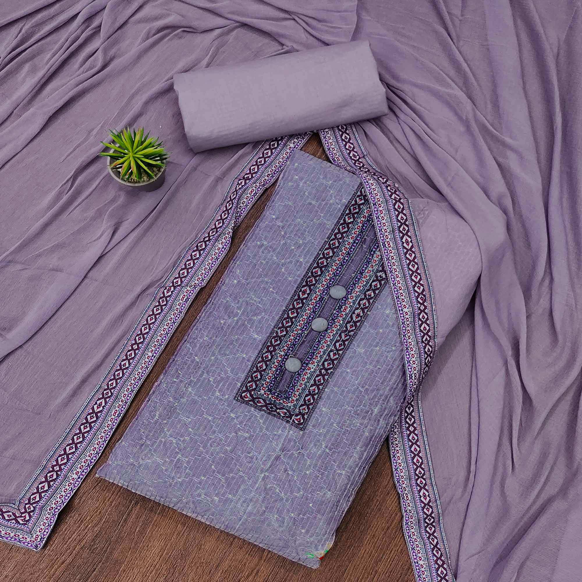 Purple Floral Printed Cotton Silk Dress Material