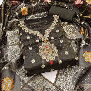 Dark Grey Woven With Stonework Shimmer Jacquard Dress Material