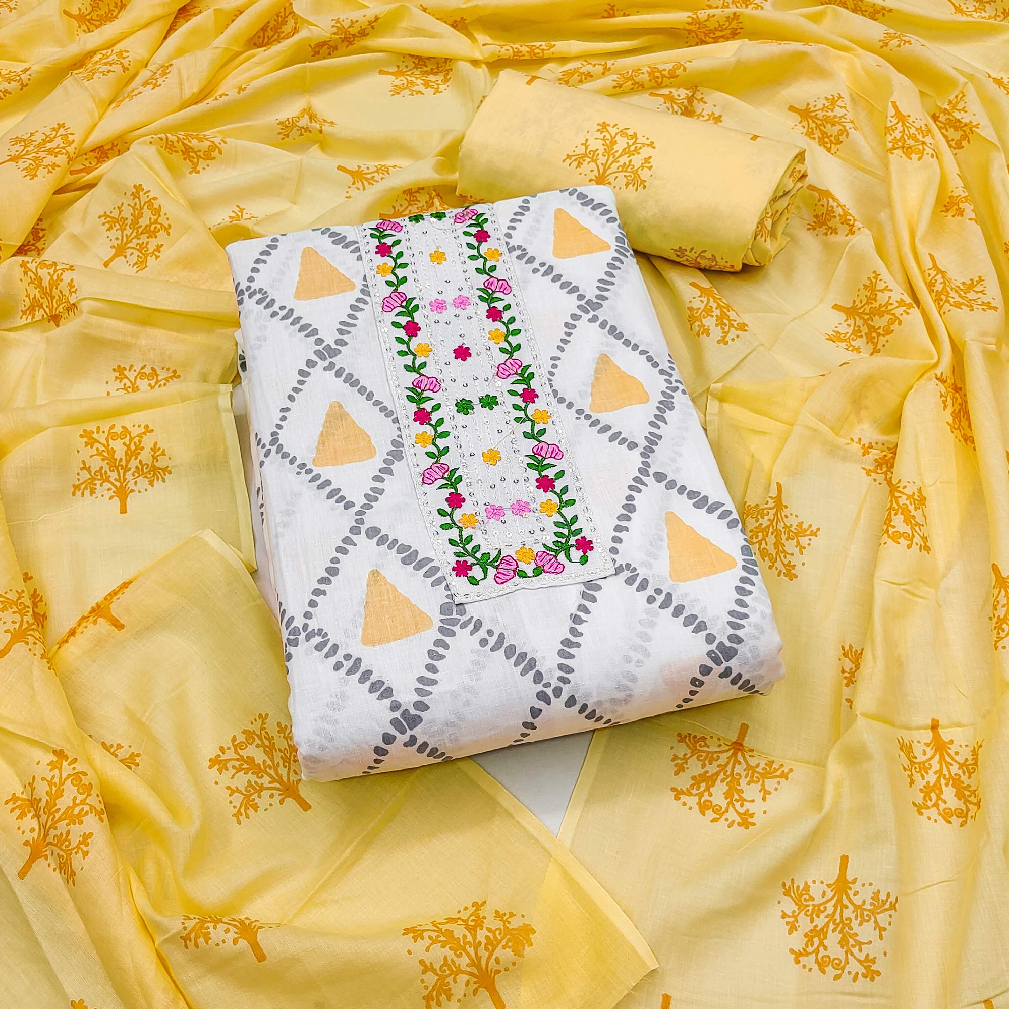 White & Yellow Printed Pure Cotton Dress Material