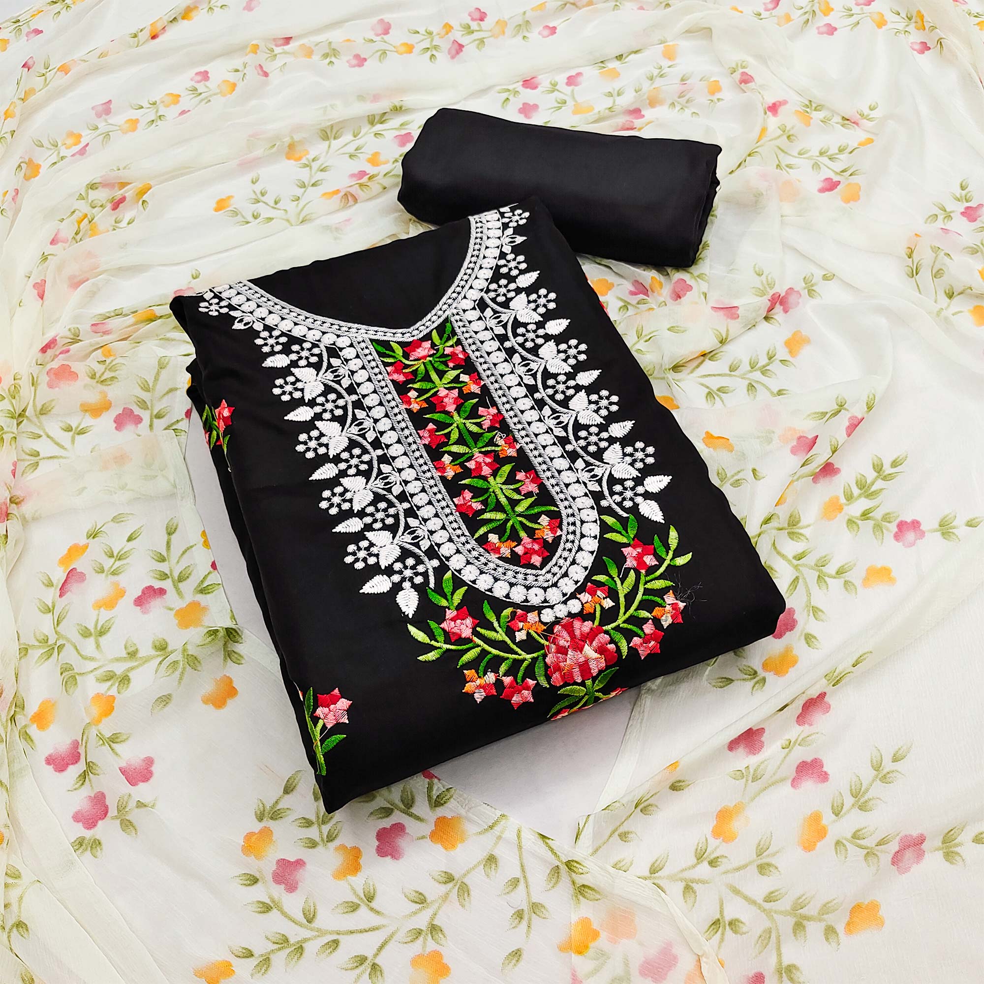 Black Floral Embroidered Pure Cotton Dress Material
