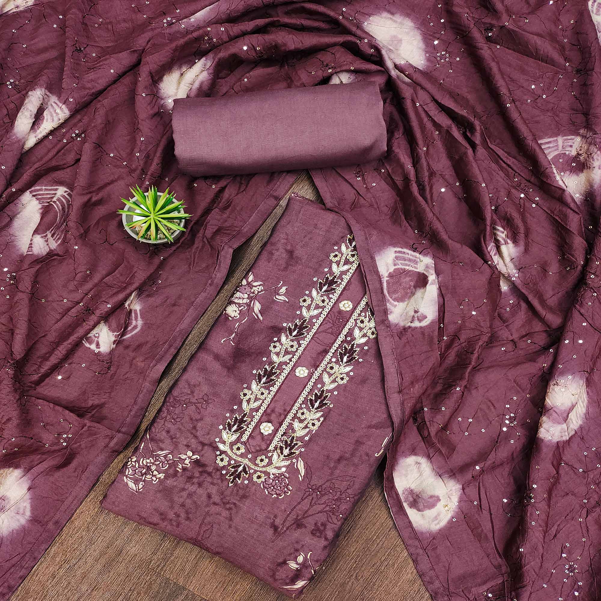 Dark Mavue Floral Printed Pure Cotton Dress Material