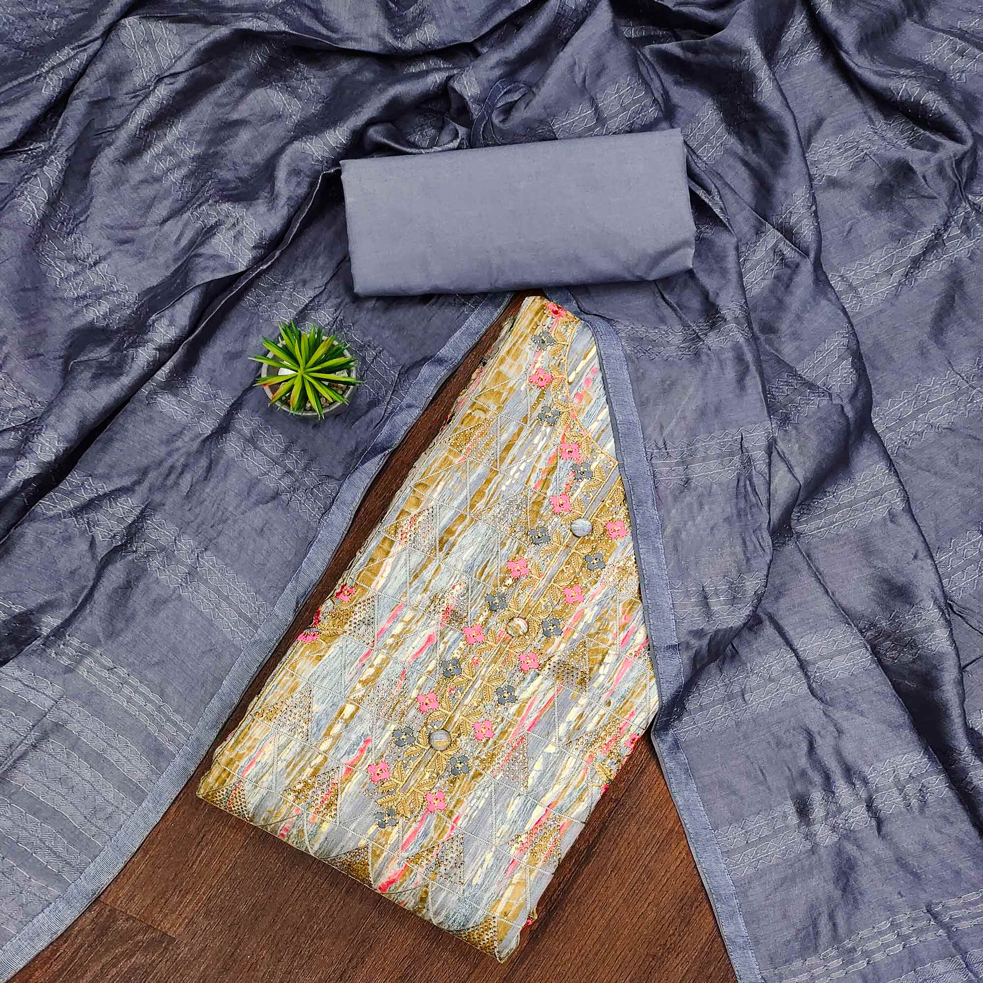 Grey Printed With Embroidered Pure Cotton Dress Material
