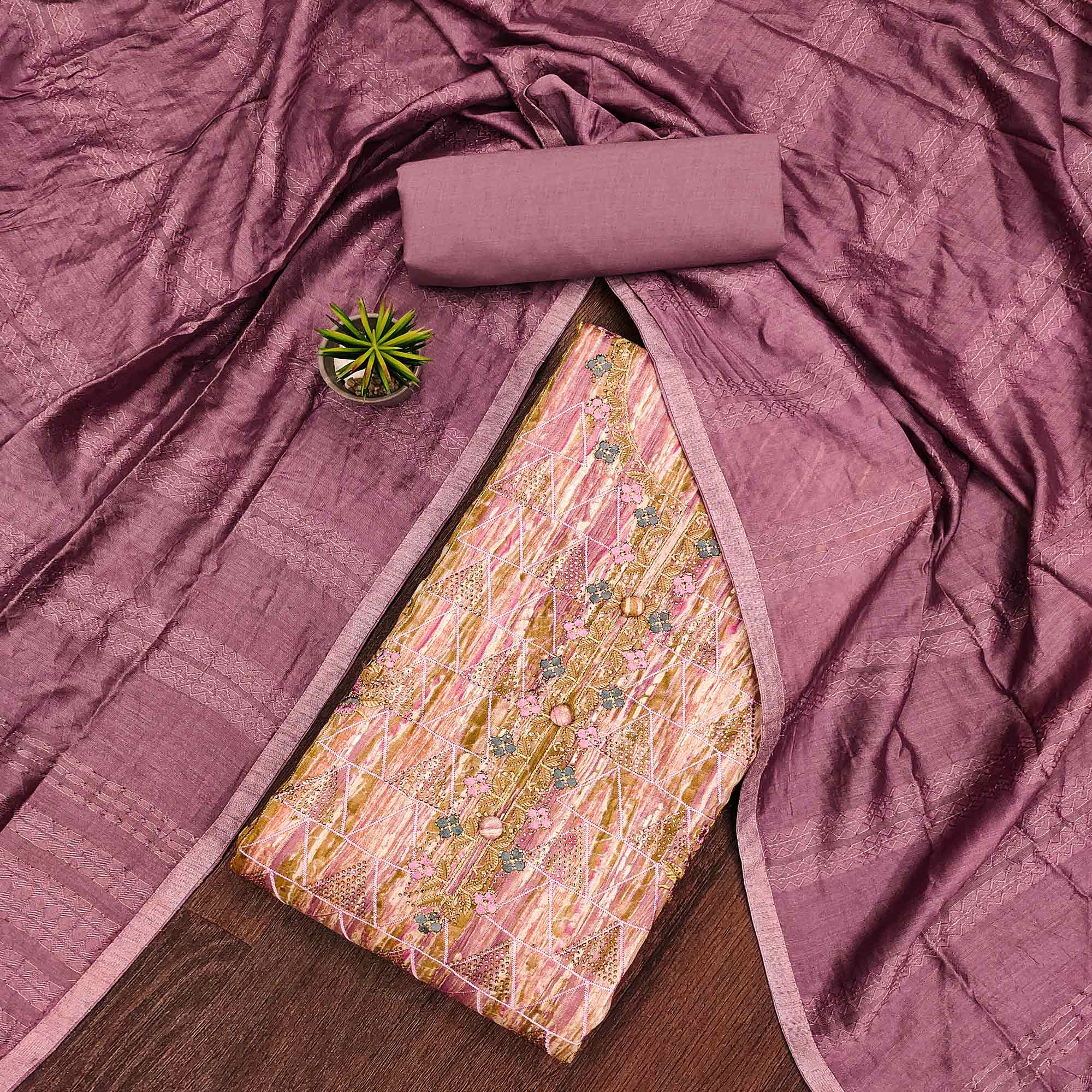 Pink Printed With Embroidered Pure Cotton Dress Material