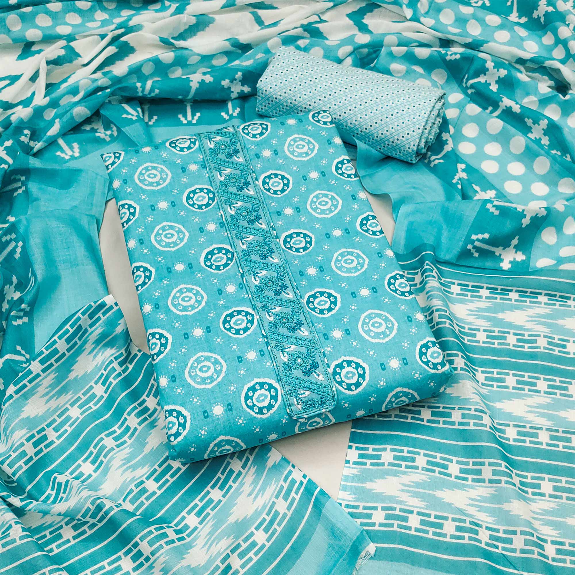 Turquoise Printed Pure Cotton Dress Material