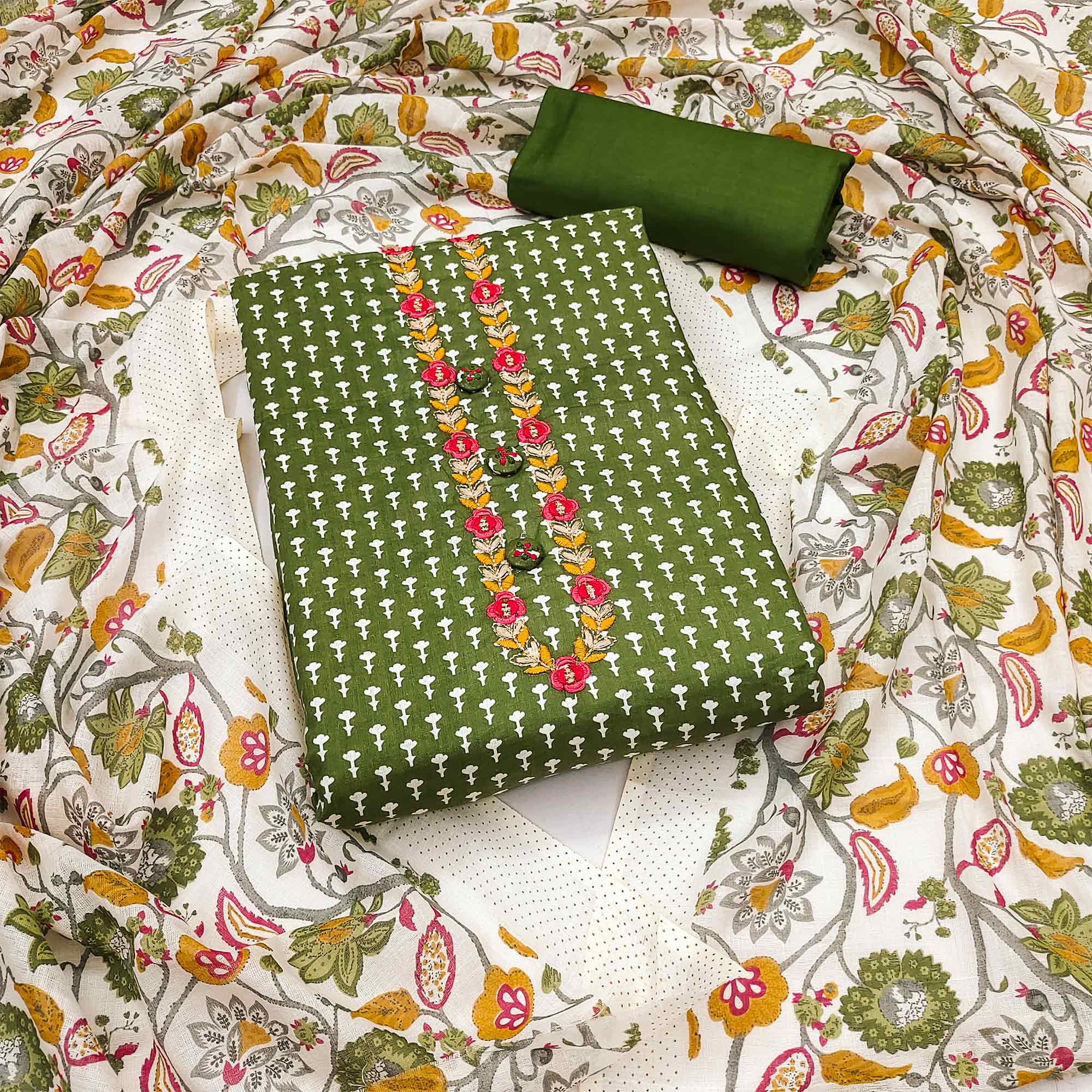 Mehandi Green Floral Printed Pure Cotton Dress Material
