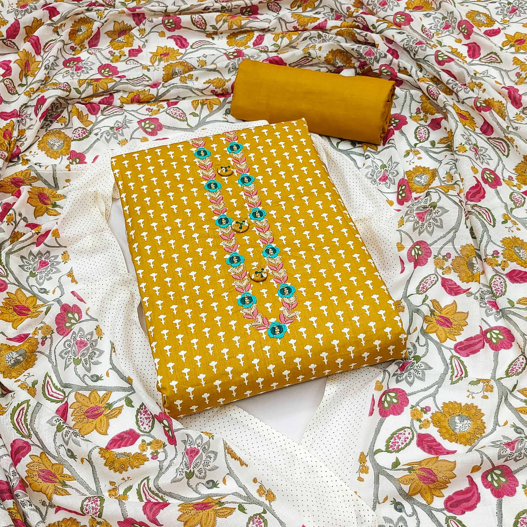 Mustard Floral Printed Pure Cotton Dress Material