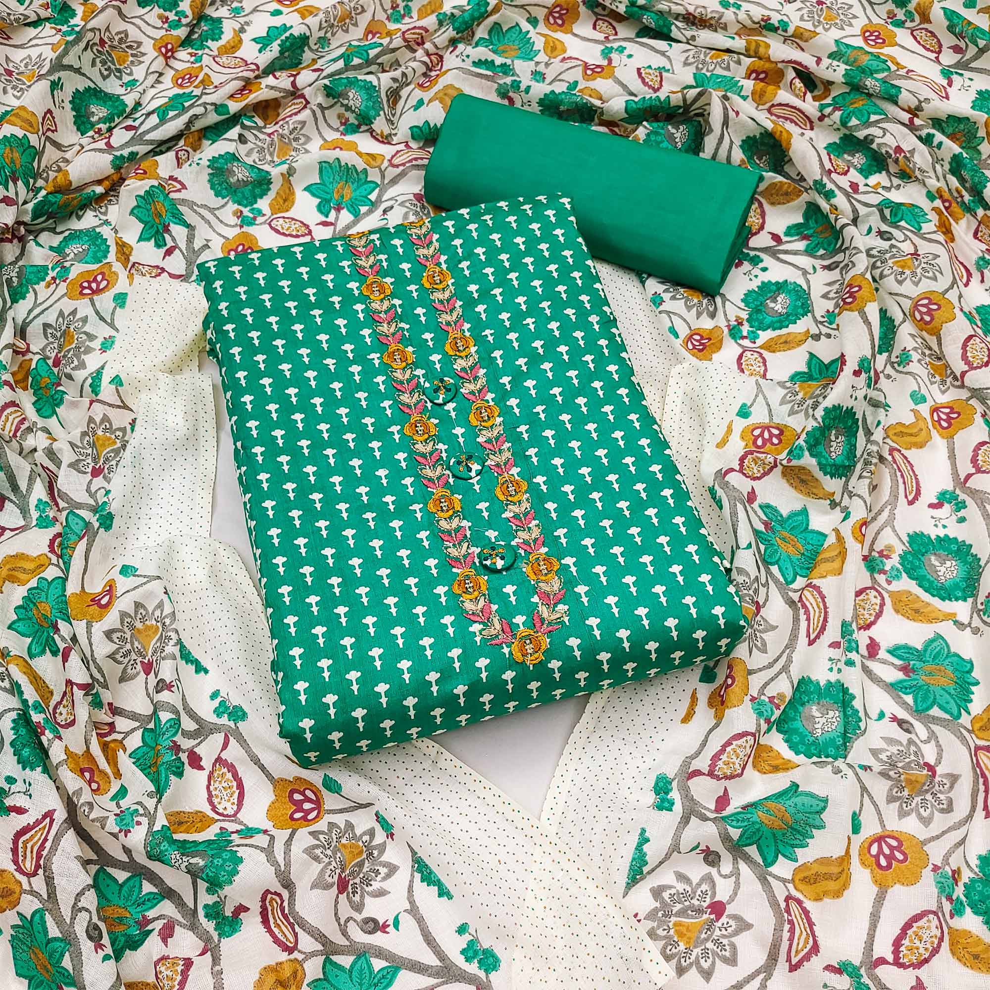 Rama Green Floral Printed Pure Cotton Dress Material