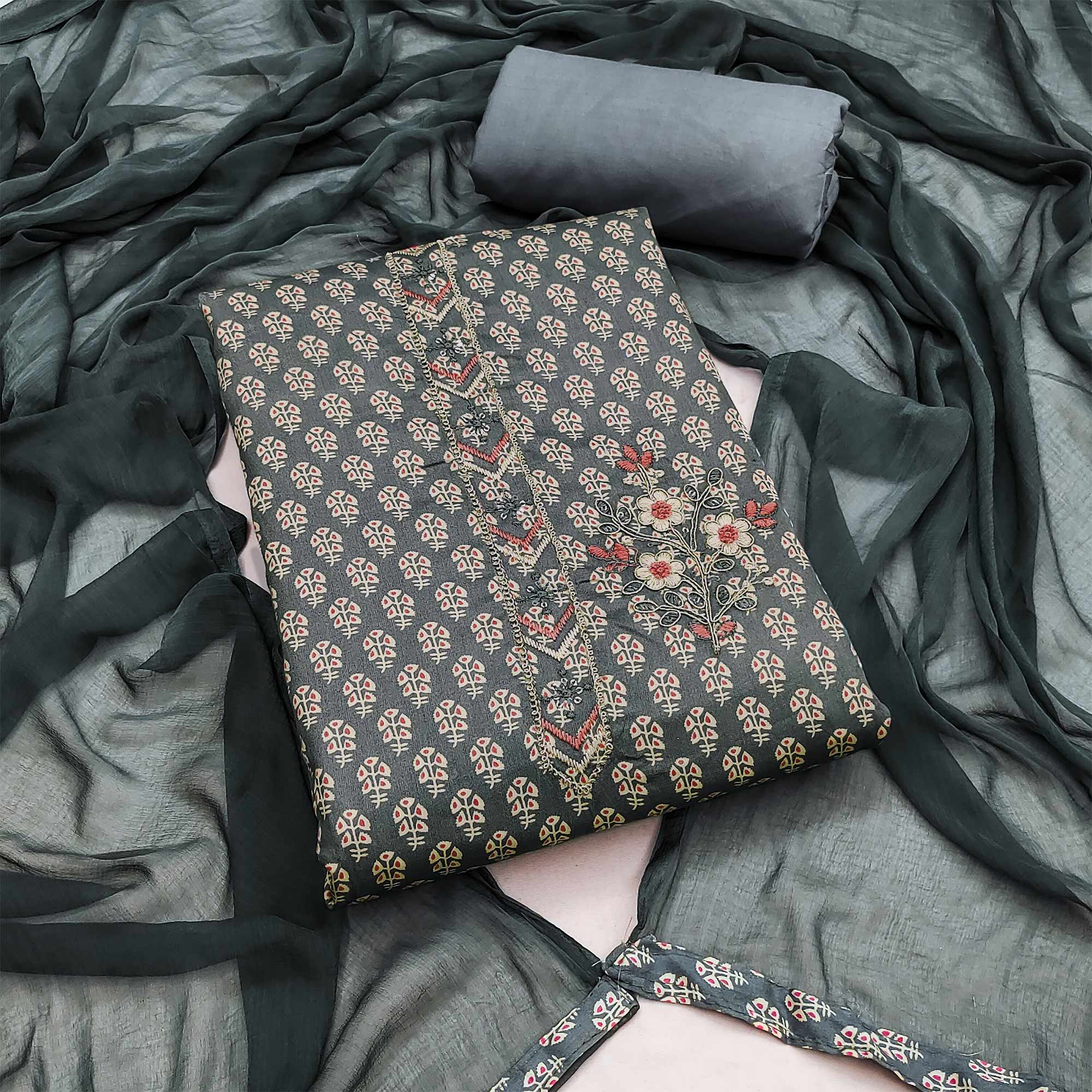 Grey Floral Printed With Embroidery Cotton Dress Material