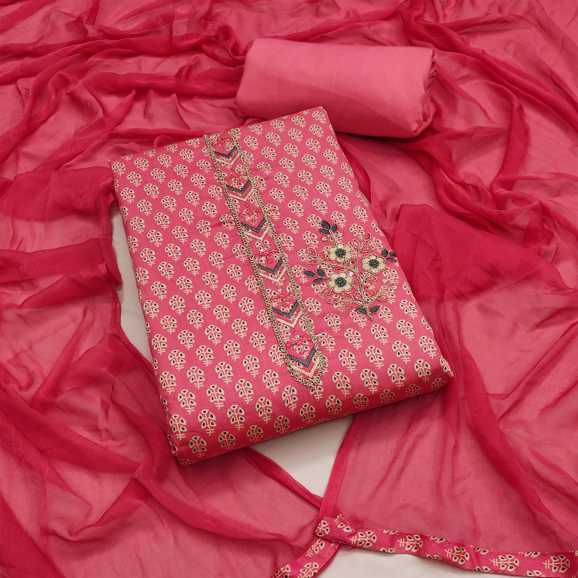 Pink Floral Printed With Embroidery Cotton Dress Material