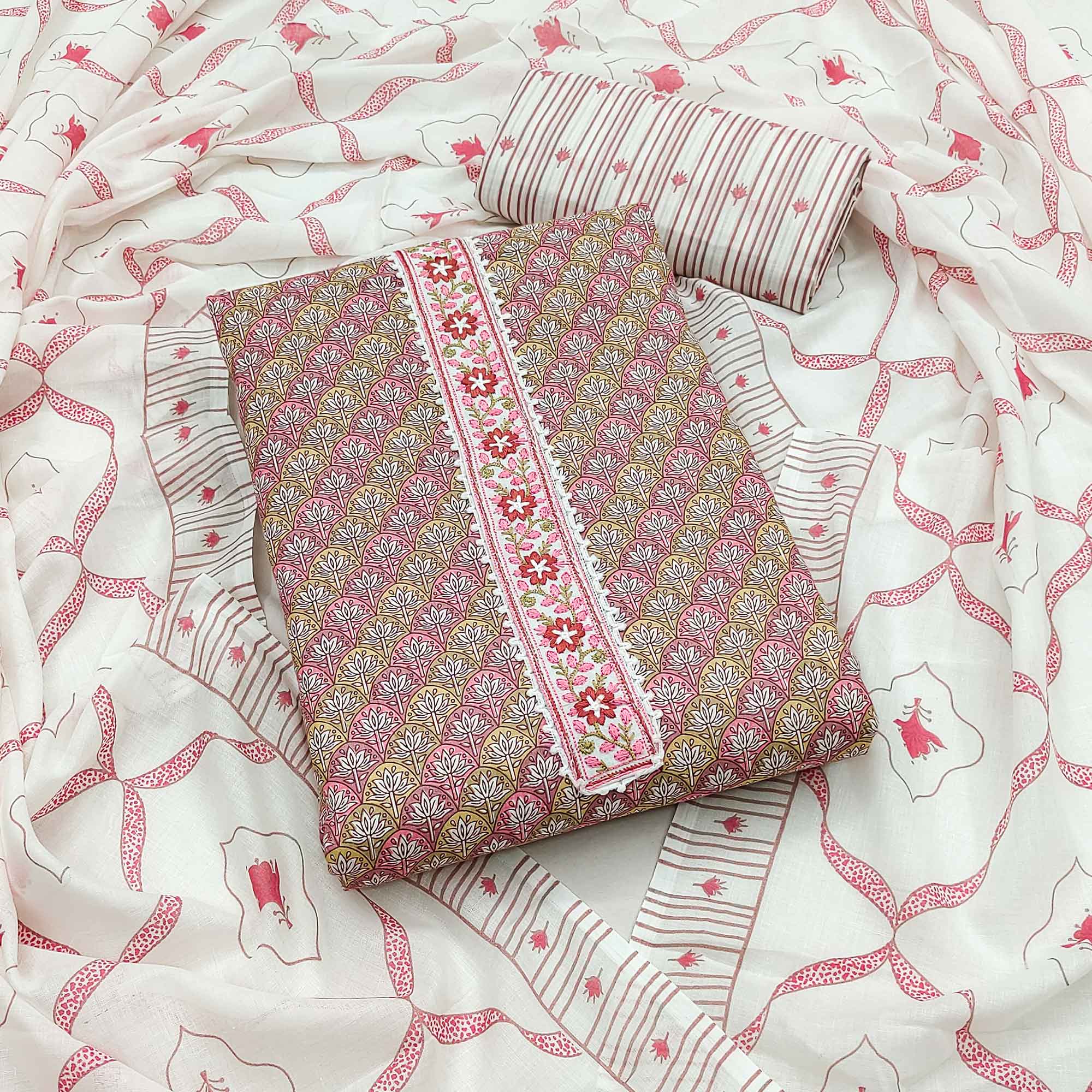 Mauve Floral Printed Pure Cotton Dress Material