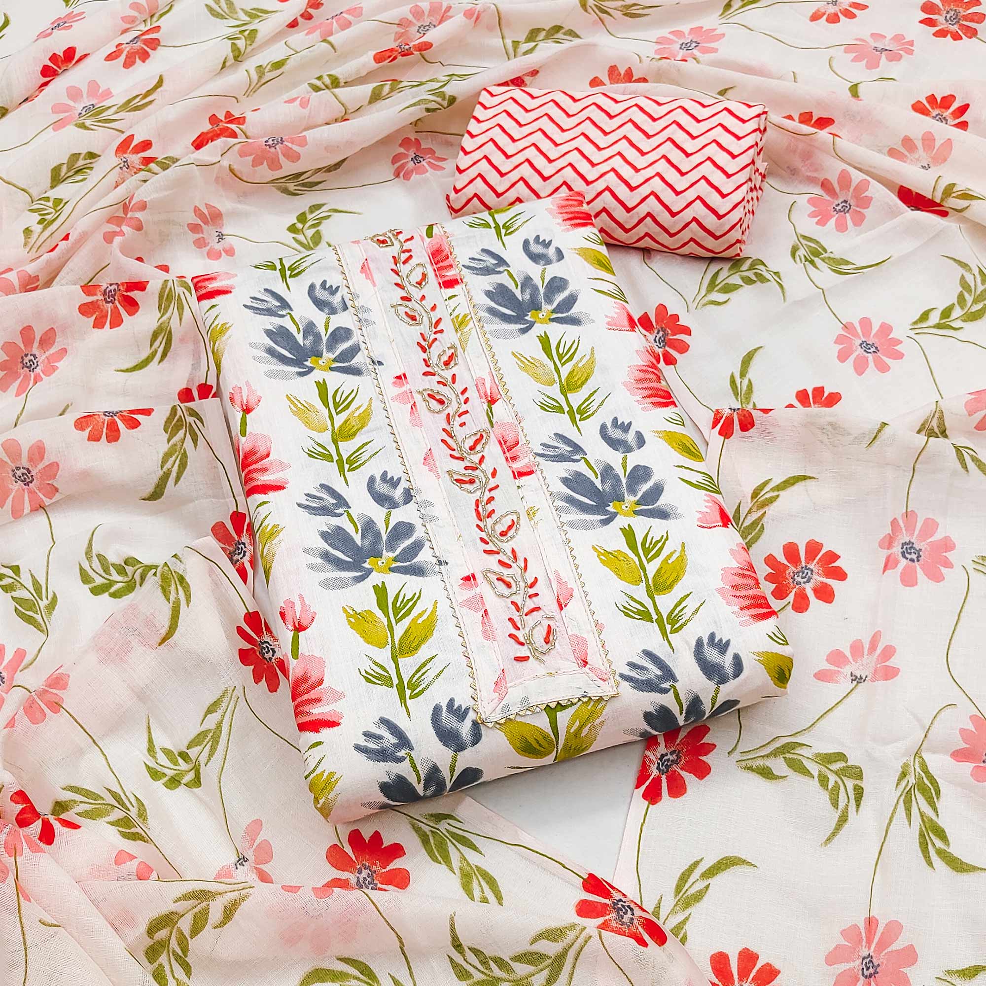 Red Floral Printed With Handwork Pure Cotton Dress Material