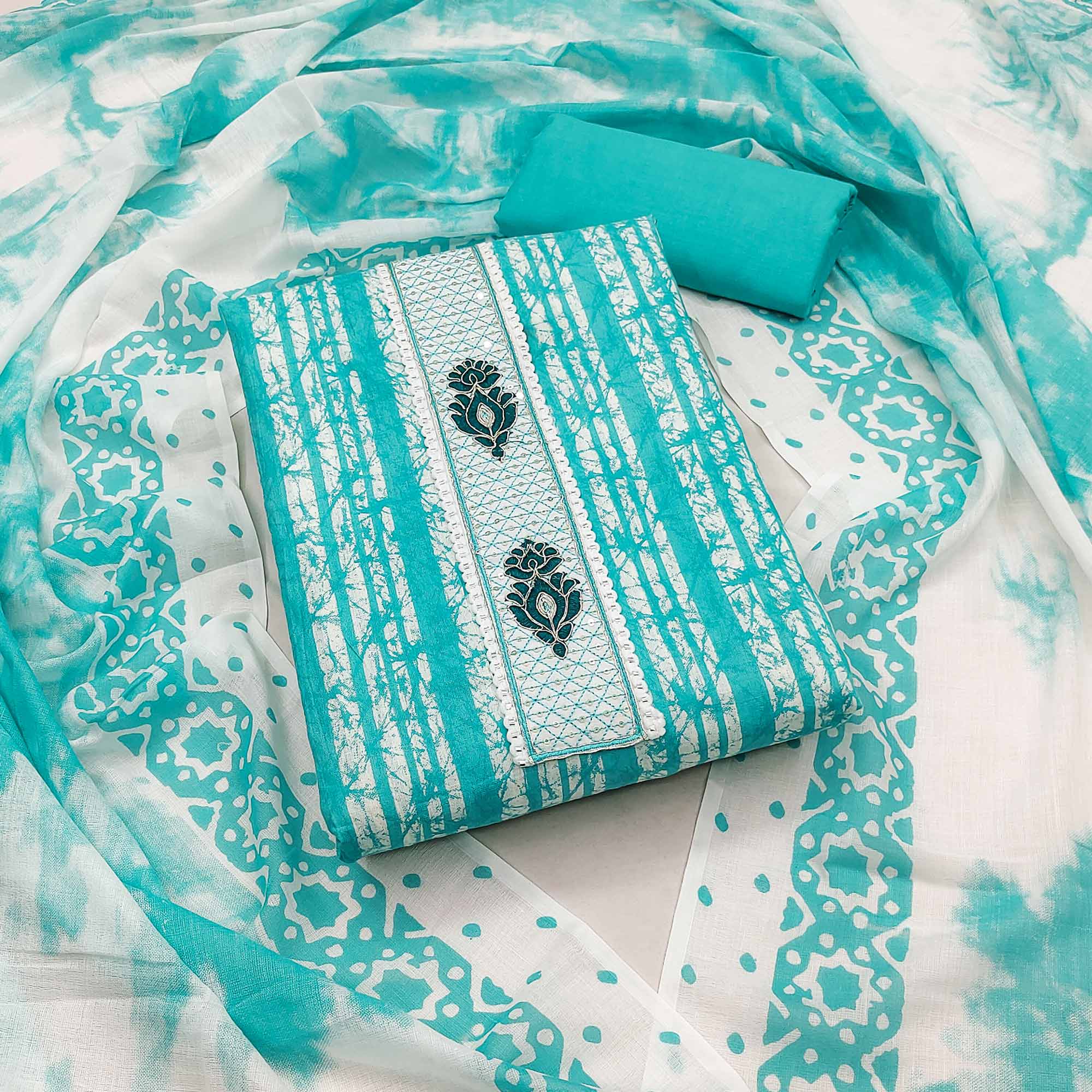 Turquoise Printed Pure Cotton Dress Material