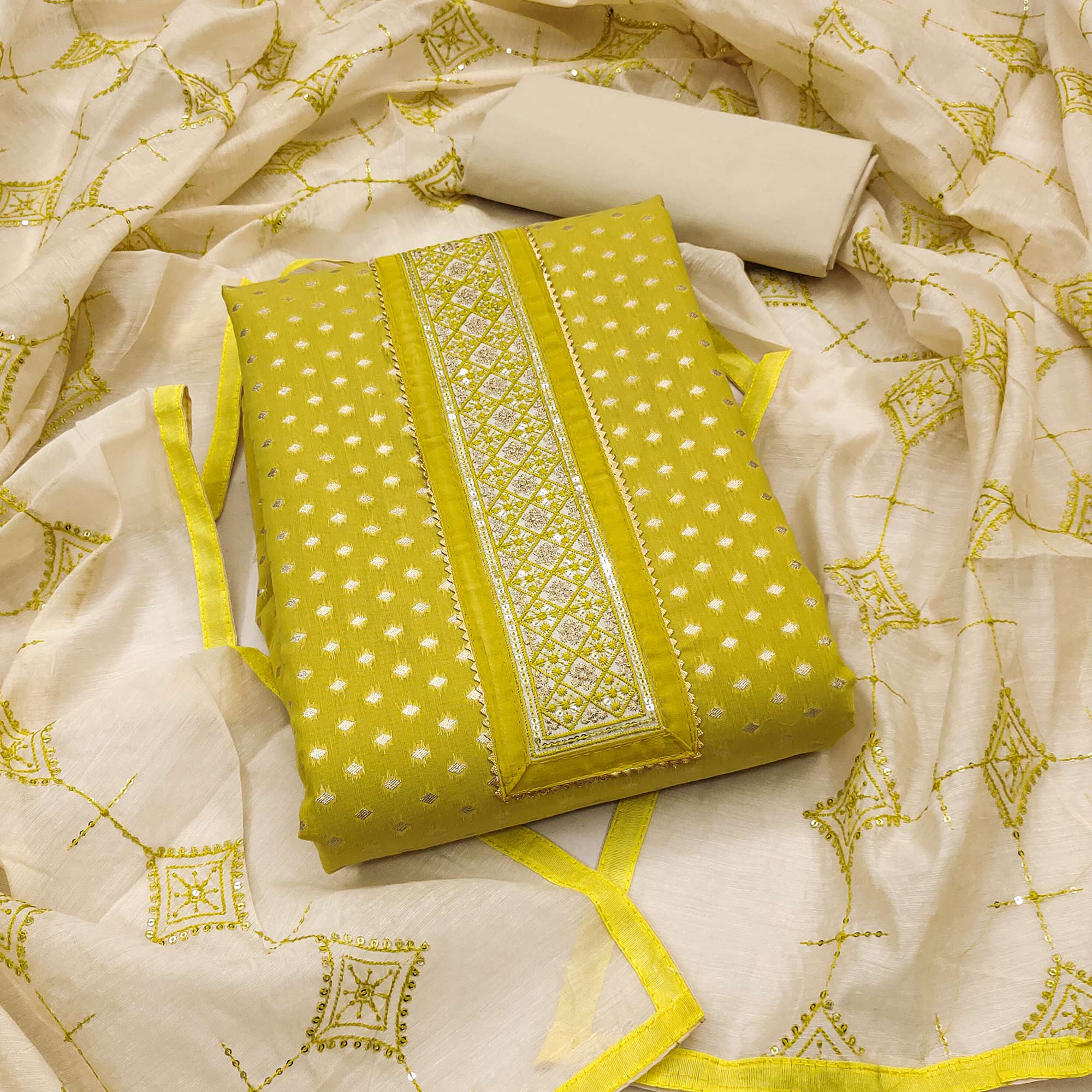 Olive Butti Work Woven Chanderi Silk Dress Material