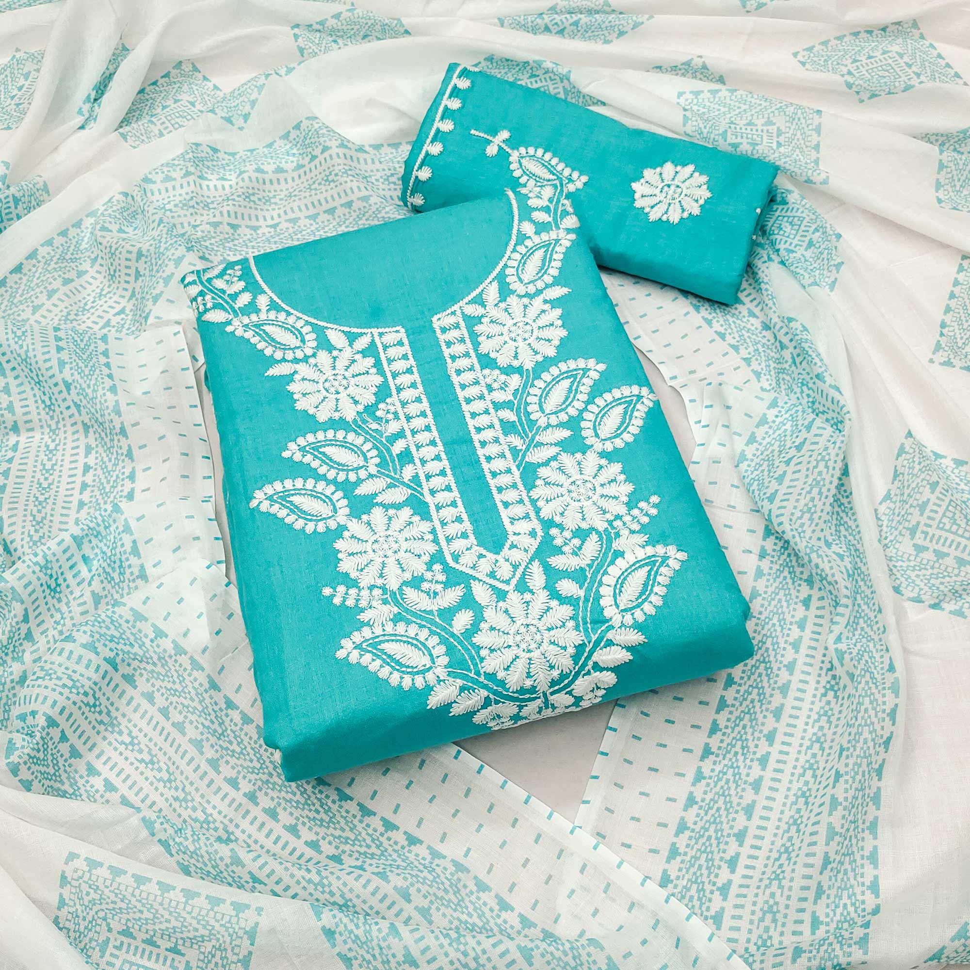 Rama Blue Floral Embroidered Pure Cotton Dress Material
