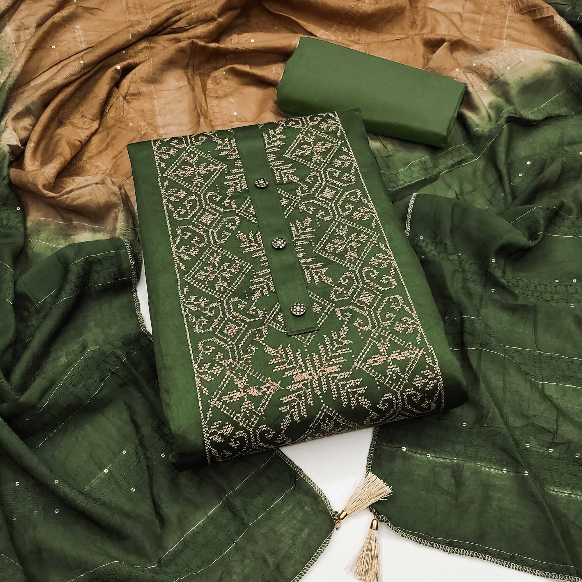 Green Floral Embroidery Cotton Silk Dress Material