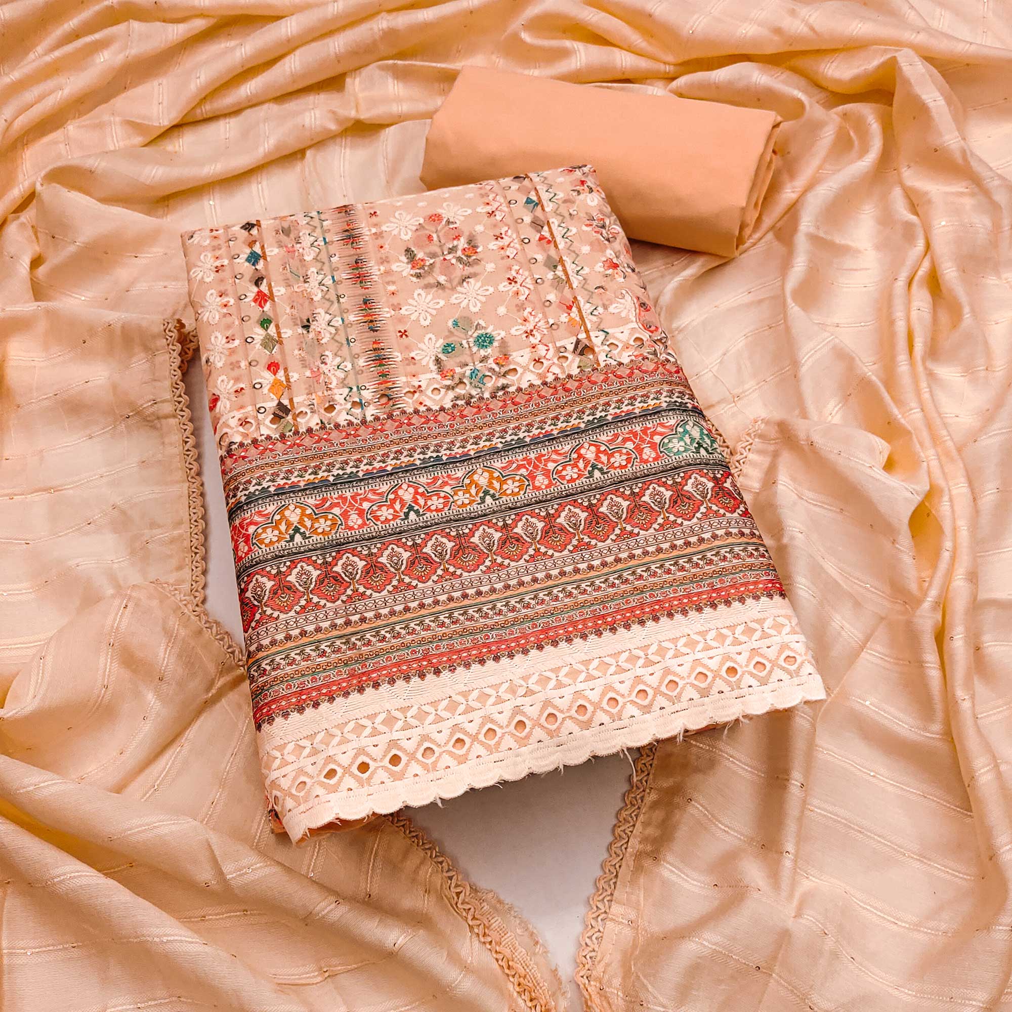 Peach Floral Print Cotton Suit Material with Detailed Handwork Embroidery