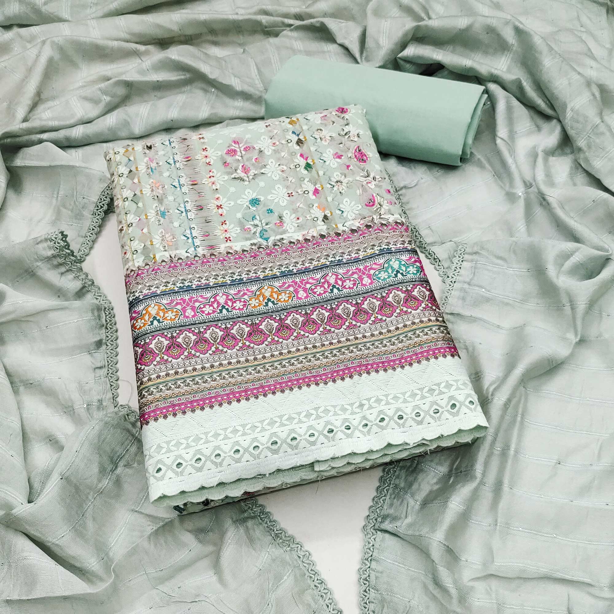 Sea Green Floral Print Cotton Suit Material with Detailed Handwork Embroidery