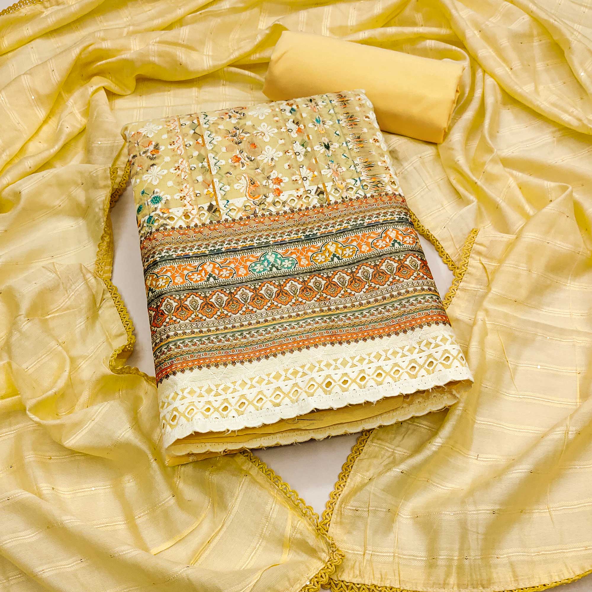 Yellow Floral Print Cotton Suit Material with Detailed Handwork Embroidery